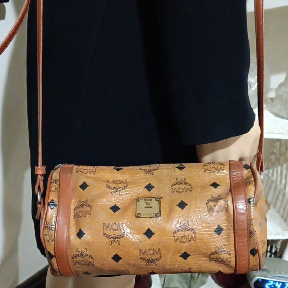MCM Cognac Crossbody Barrel Bag with Logo Pattern EUC - Picture 2 of 13